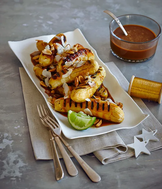 Grilled sugar bananas with coconut caramel sauce
