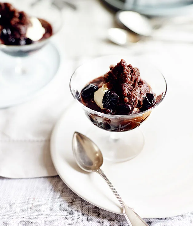 Chocolate and Turkish coffee granita with poached cherries