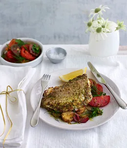 Chermoula snapper with lemon potatoes and tomato salad