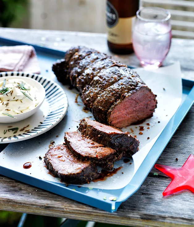 Green peppercorn beef with caraway cream