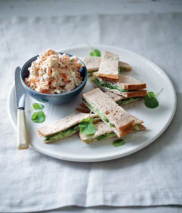 Rainbow trout rillettes, rye, cucumber and watercress sandwiches