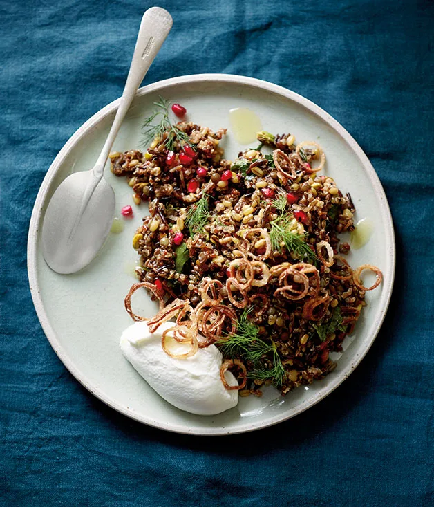 Ancient grain salad, goat’s curd, pomegranate, crisp fried shallots