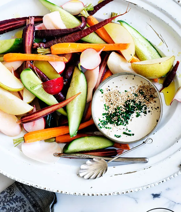 Pickled heirloom vegetables with blue-cheese dip