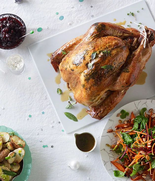 Dry-brined turkey with cranberry relish and verjuice pan juices