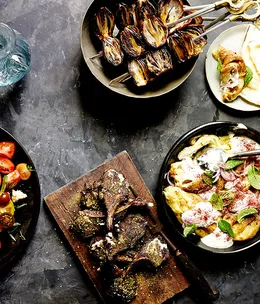 Burnt eggplant with garlic yoghurt and Spanish onion
