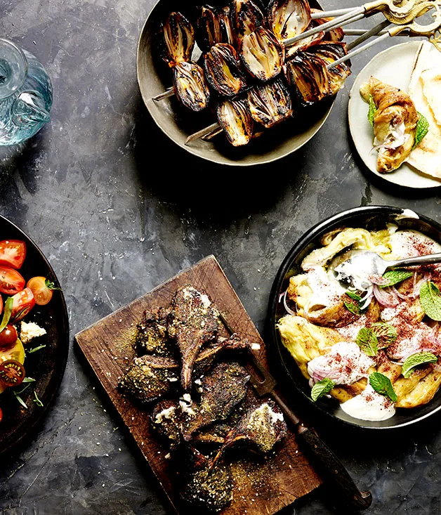 Burnt eggplant with garlic yoghurt and Spanish onion