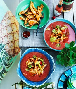 Chilled spiced tomato soup with barbecued squid