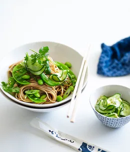 Soba with edamame and quick pickled cucumber