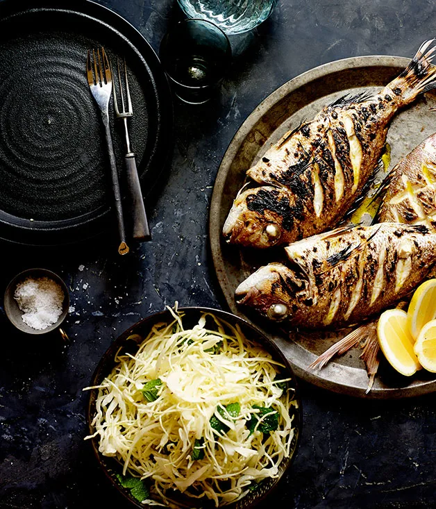 Baby snapper with cabbage, mint and caraway salad