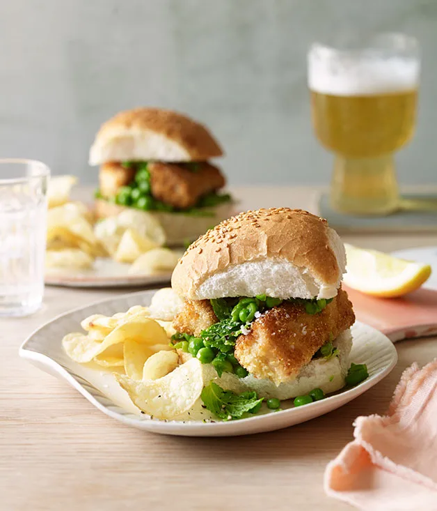 Fish finger and crushed-pea rolls