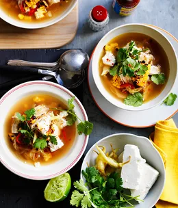 Barbecued corn soup with chicken, coriander and feta