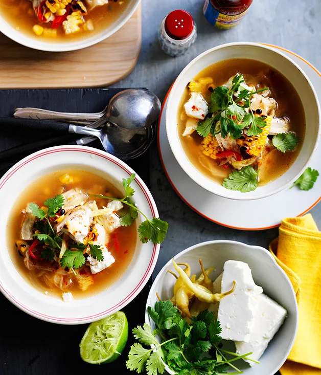 Barbecued corn soup with chicken, coriander and feta