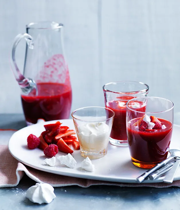 Chilled berry-rosewater soup with vanilla crème fraîche
