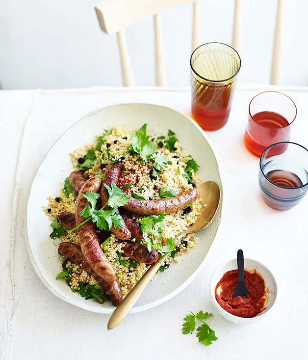 Merguez sausages with harissa and couscous