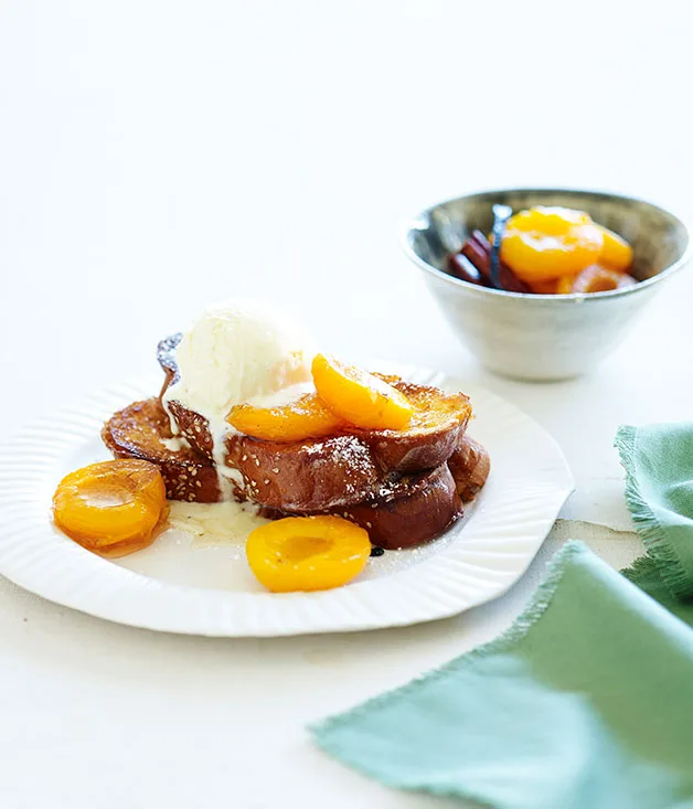 Gypsy toast with syrupy apricots and ice-cream