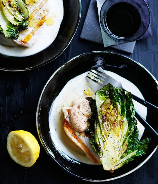 Charred Baby Gem Hearts & Swordfish with Aioli