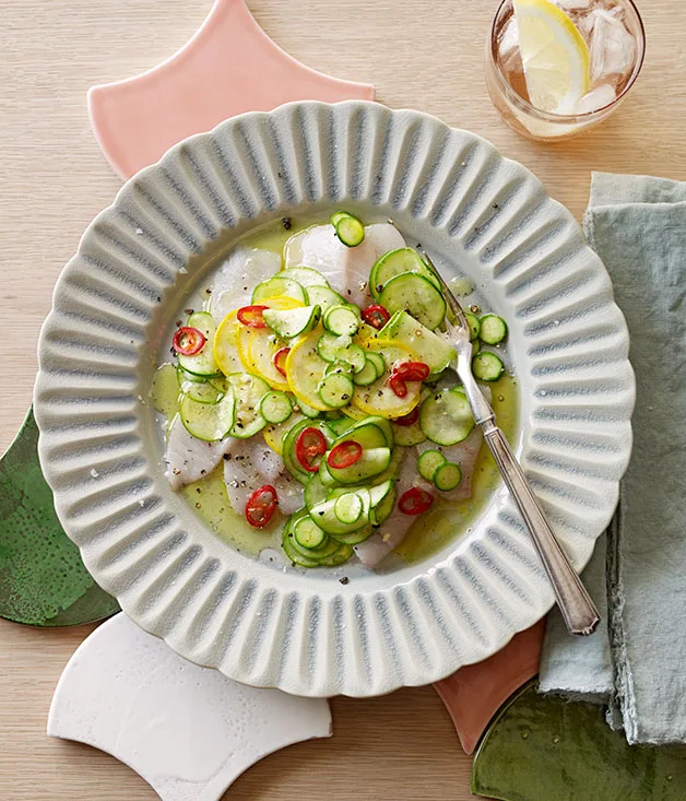 Black kingfish crudo with black pepper and zucchini