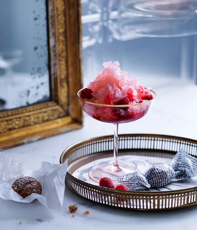 Pink moscato granita with crushed raspberries