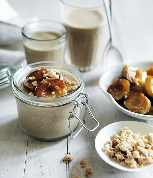 Baked greengages with liquorice panna cotta and ginger crumb