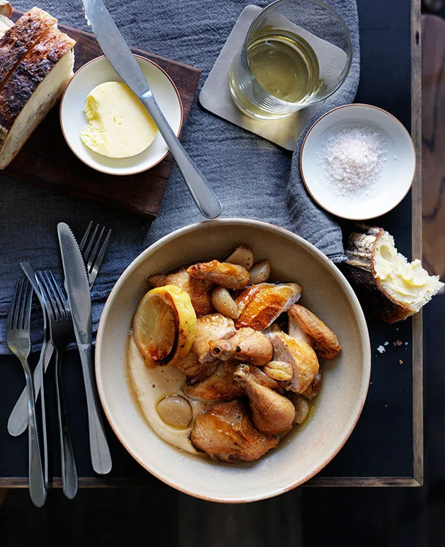 Roast spatchcock with garlic-bread sauce