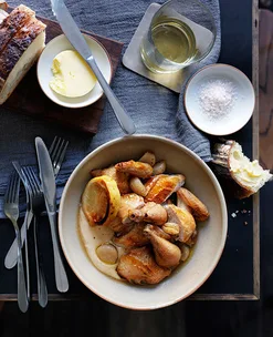 Roast spatchcock with garlic-bread sauce