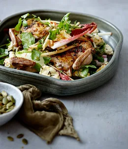 Autumn quail salad with baked ricotta and apple
