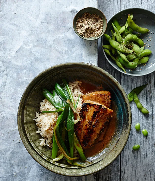 Miso-glazed mulloway with sesame rice and spring onion