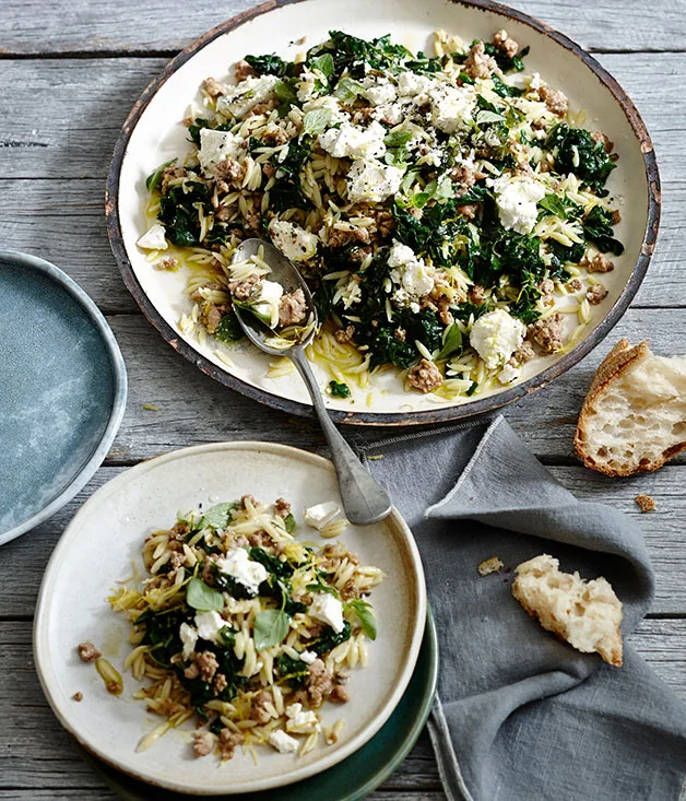 Orzo with pork, silverbeet and feta