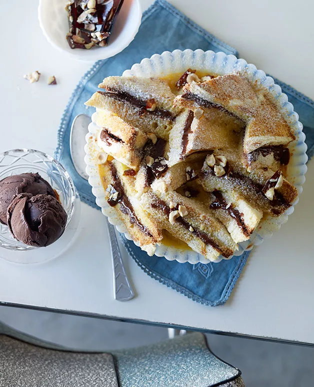 Praline bread pudding with bitter chocolate sorbet