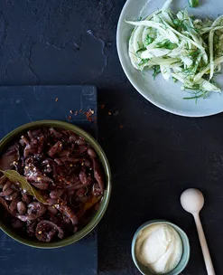 Cuttlefish and beans in red wine with chilli and aïoli
