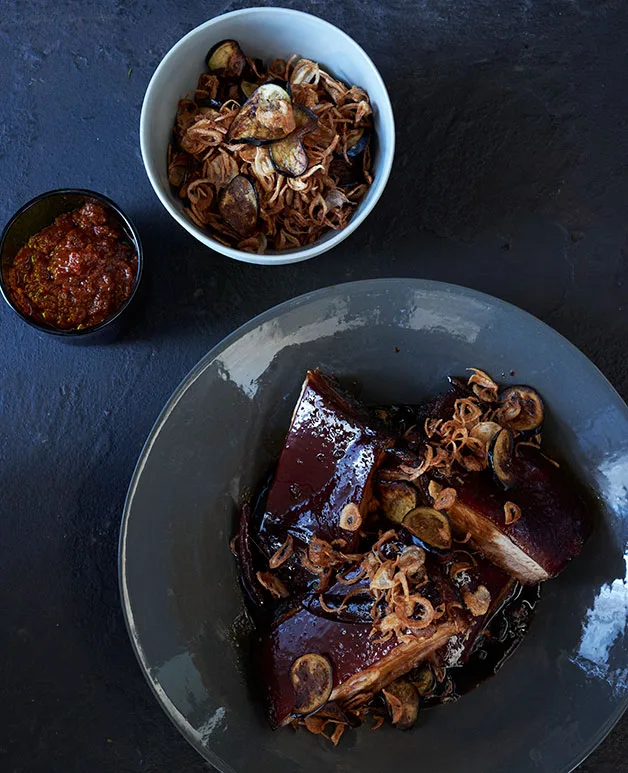 Pork in sweet soy with sambal, fried shallots and eggplant