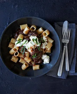 Braised beef shin with rigatoni, feta and mint