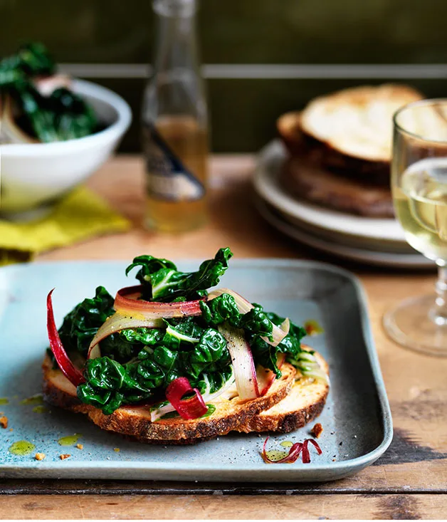 Shaved rhubarb and chard crostini