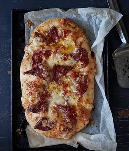 Salami, provolone and mascarpone schiacciata