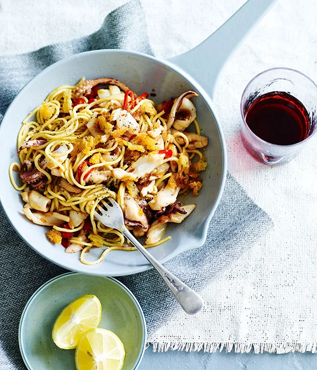 Spaghettini with calamari, rosemary and lemon