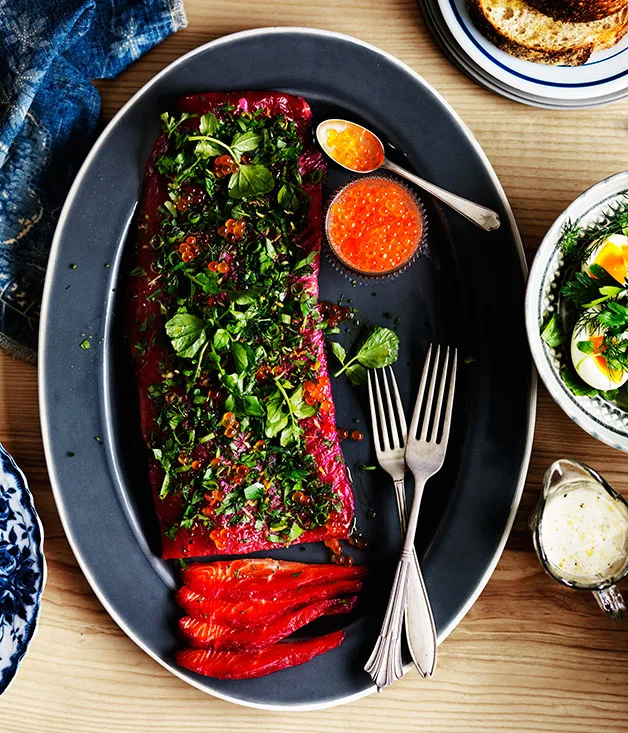 Beetroot-cured ocean trout with buttermilk and soft herbs