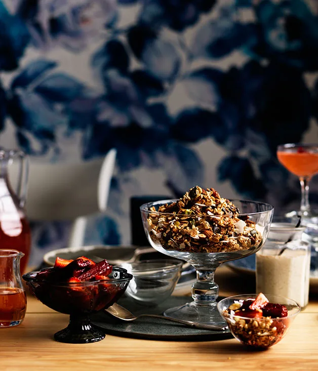 Toasted muesli with roast rhubarb and strawberries