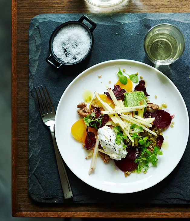 Herb panna cotta with beetroot, freekeh and walnut dressing