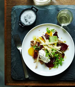 Herb panna cotta with beetroot, freekeh and walnut dressing