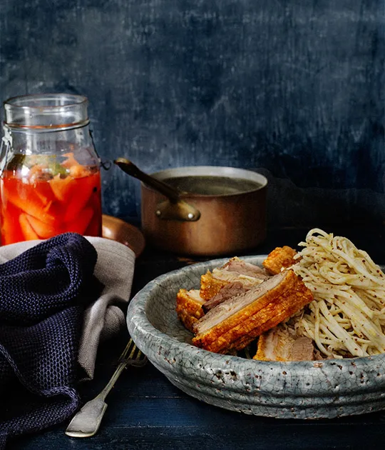 Slow-roasted spiced pork with pickled quince & celeriac rémoulade | Gourmet Traveller