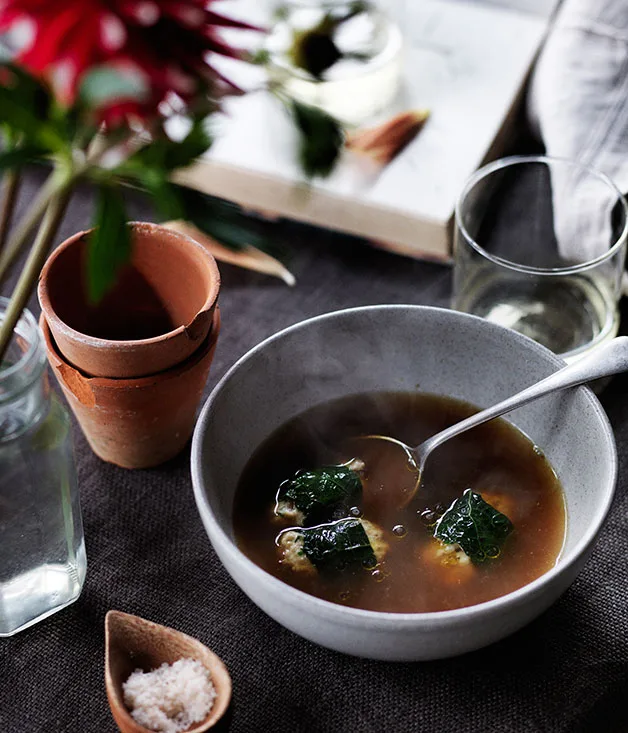 Rabbit broth with rabbit and barley dumplings