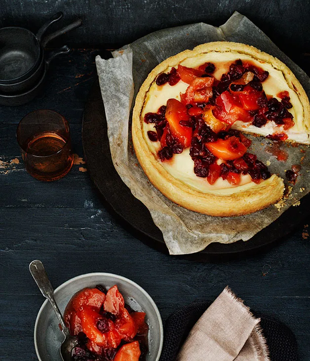 Quince and cranberry compote and ricotta tart
