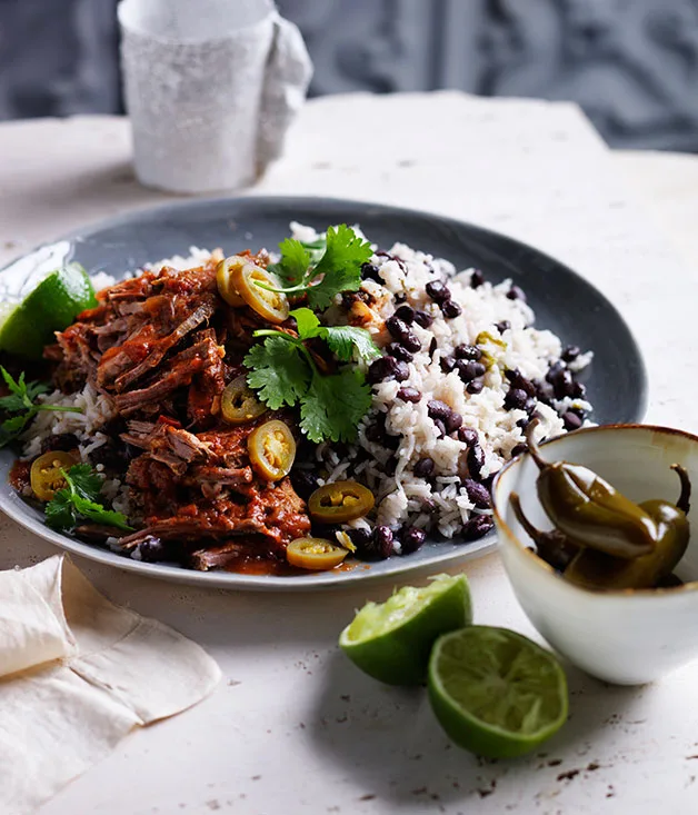 Cuban black beans and rice with pulled beef