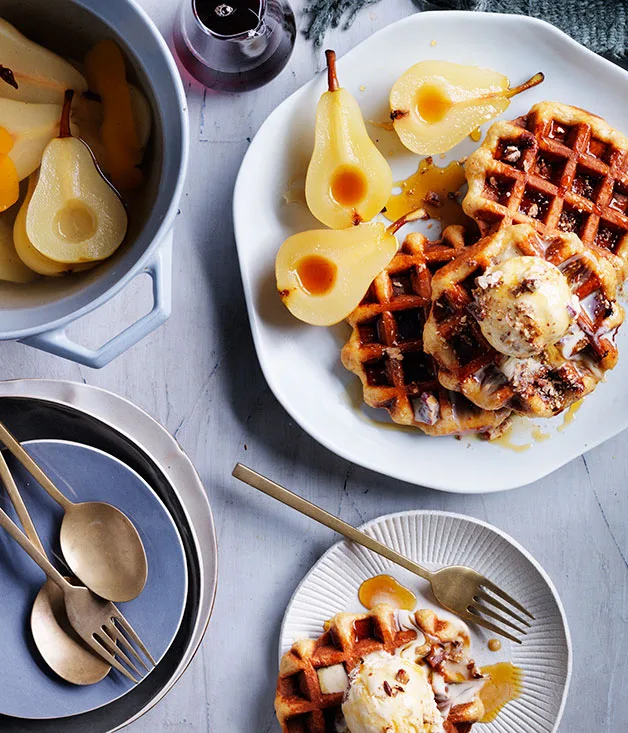 Overnight waffles, brown butter pecan ice-cream and spiced pears