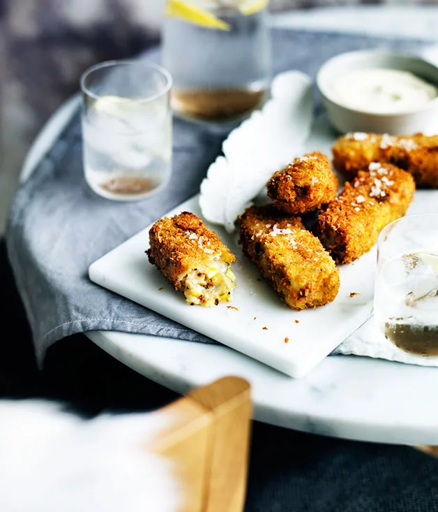 Scorched corn, Manchego and jalapeño croquettes with green Tabasco aïoli