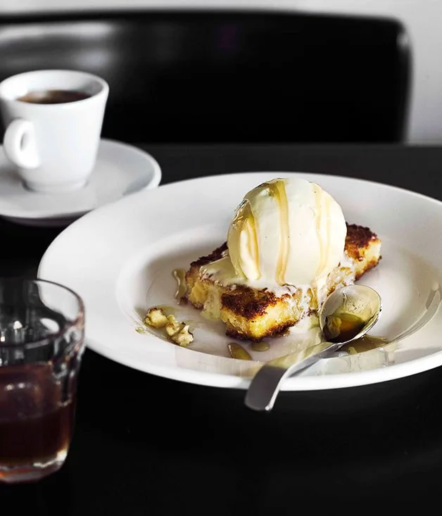 Fried custard with vanilla ice-cream and honey