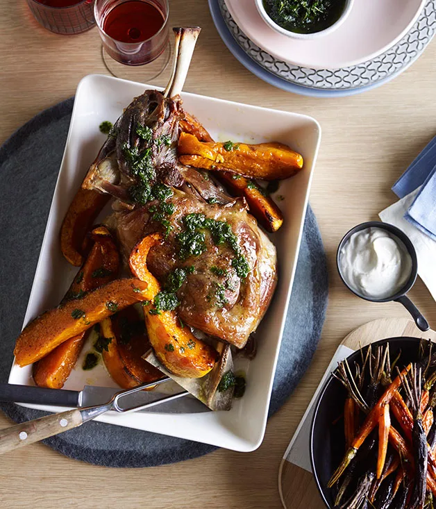 Slow-roasted lamb shoulder with pumpkin, carrots, cumin yoghurt and mint salsa