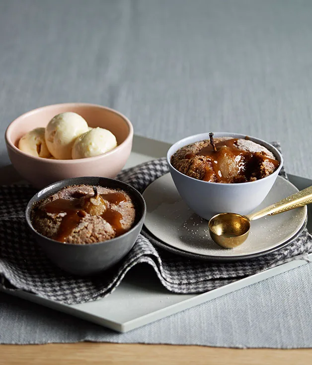 Pear, pecan and caramel puddings