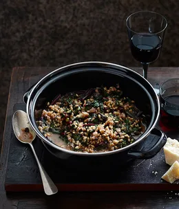 Barley with beetroot greens