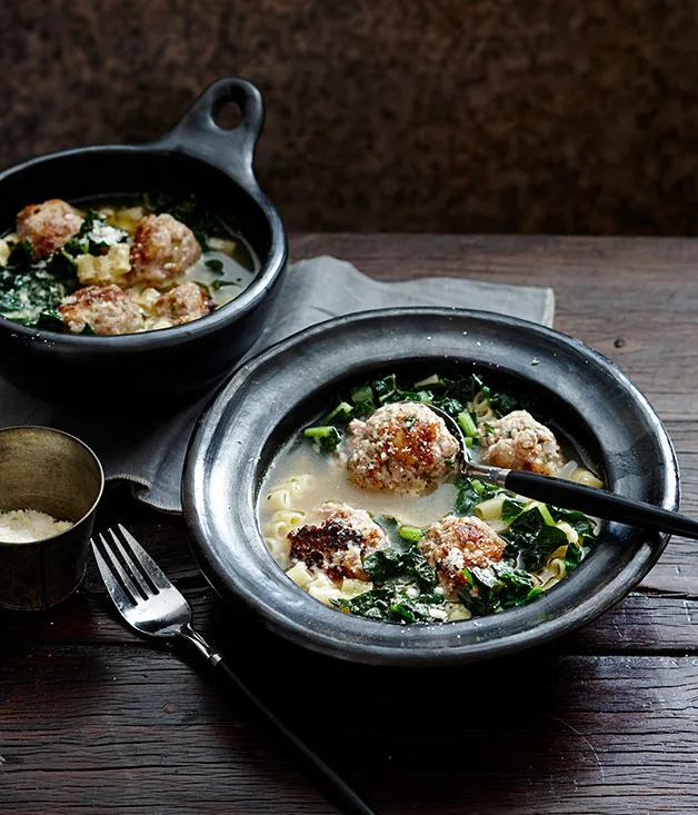 Veal and parmesan meatballs in broth with ditalini